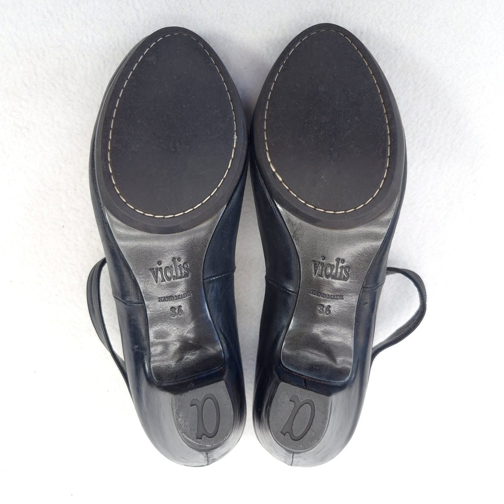 Vialis Black Leather Mary Jane Heels Buttoned Strap Round Toe Size 6 - Picture 6 of 12